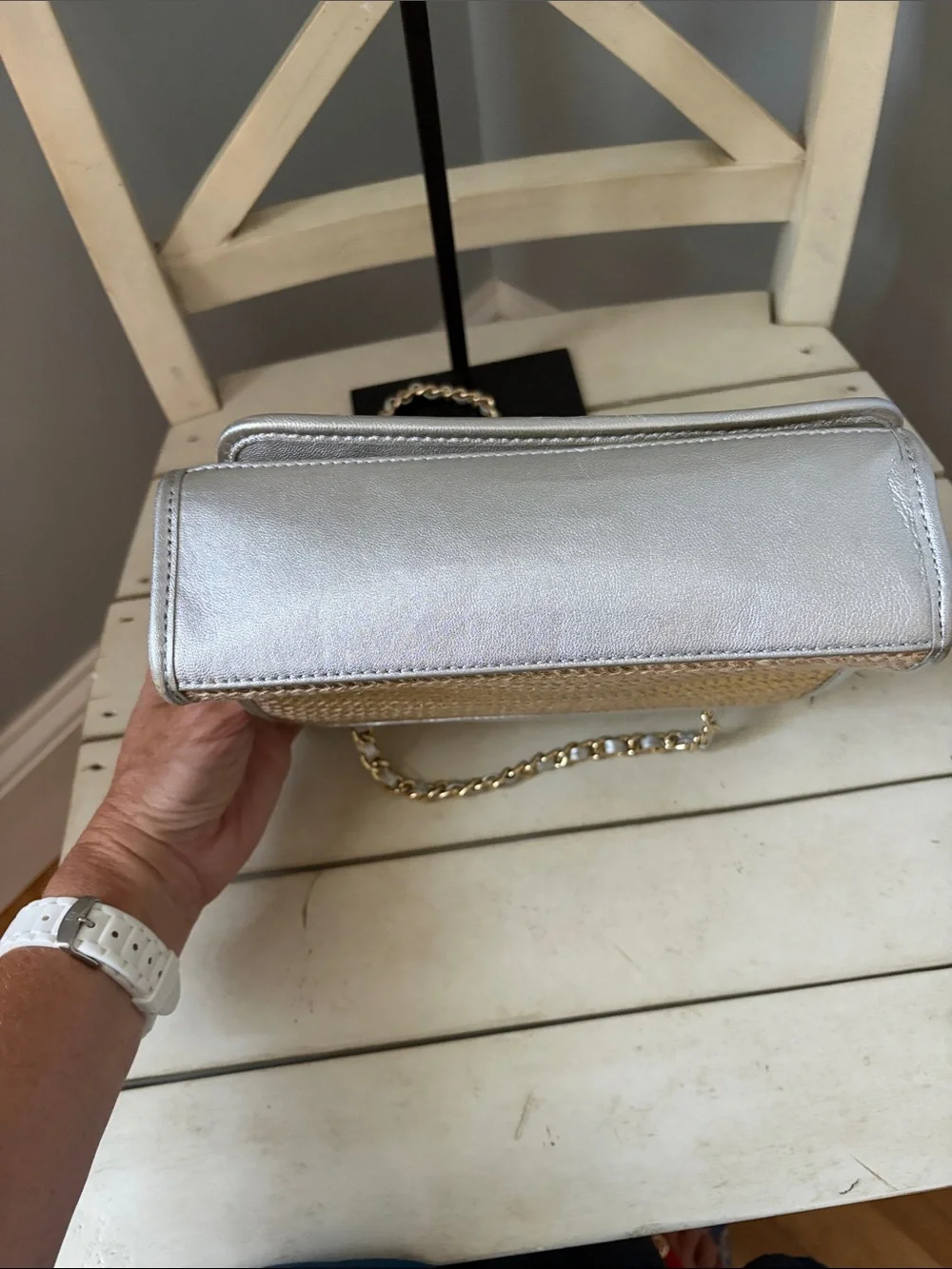 Tory Burch Fleming Metallic Raffia Silver  Leather & Natural Woven Shoulder Bag
